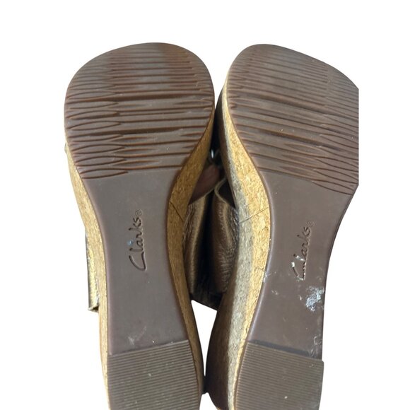 Clarks Collection Womens 8.5 Metallic Bronze Wedge Sandals With Cork Sole & Adj - Picture 7 of 8
